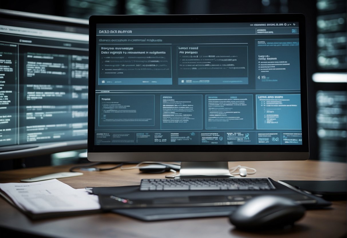 A computer screen displaying a secure data erasure process, surrounded by legal documents and ethical guidelines. A data lifecycle diagram highlights the enhancement of data management