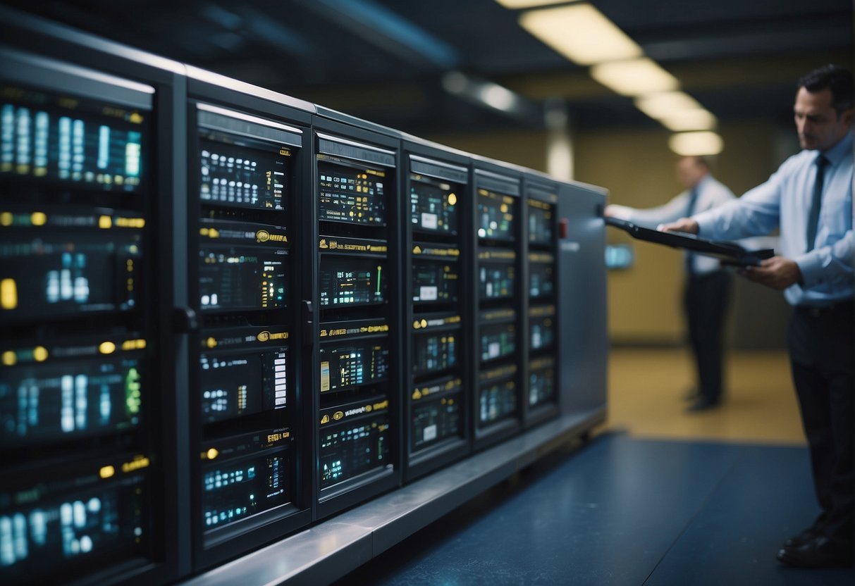 Data erasure process: A secure facility with data storage devices being wiped clean. Security measures in place. Lifecycle management evident