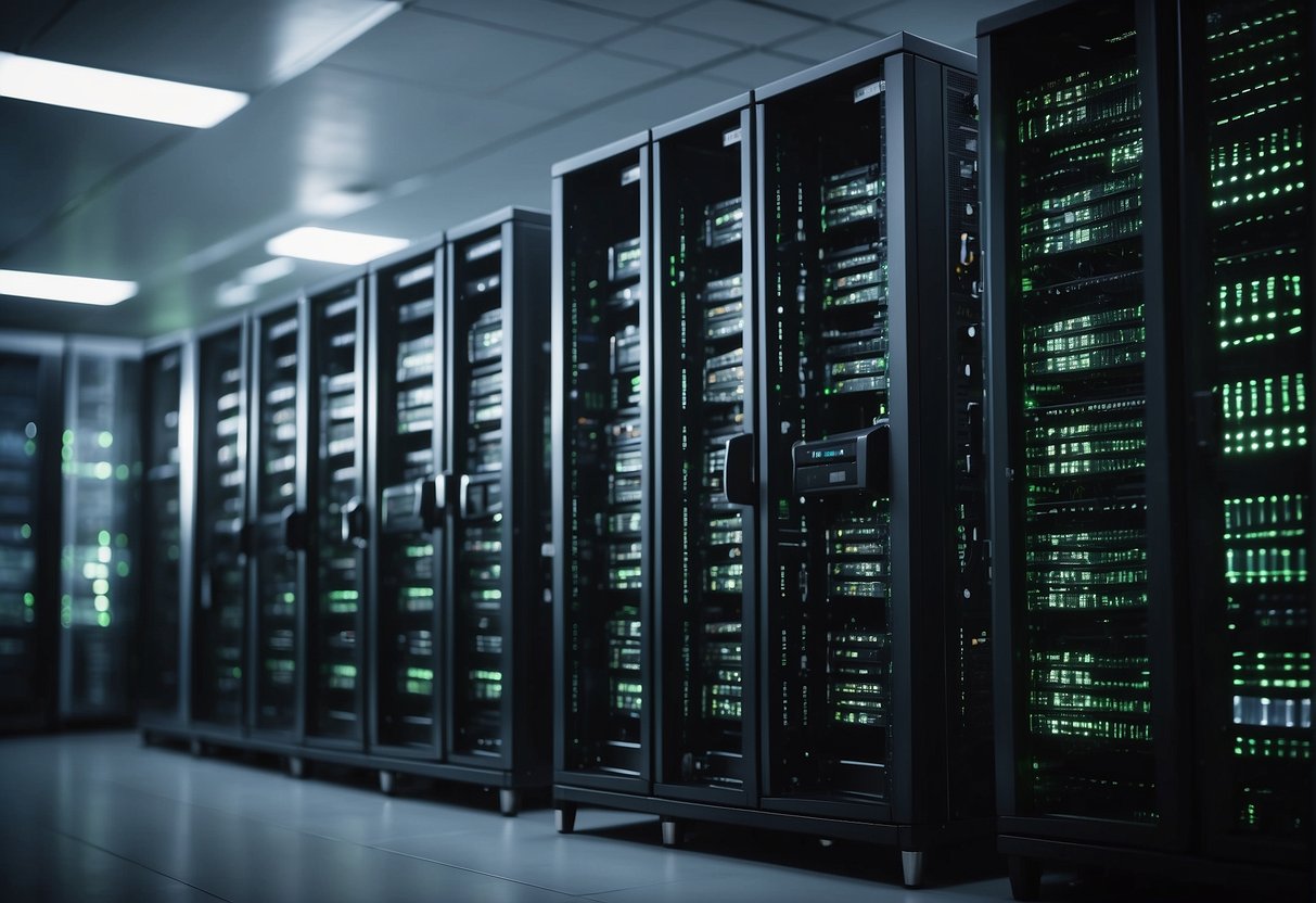 A server room with racks of data storage equipment, a secure data erasure station, and encryption software running on computers