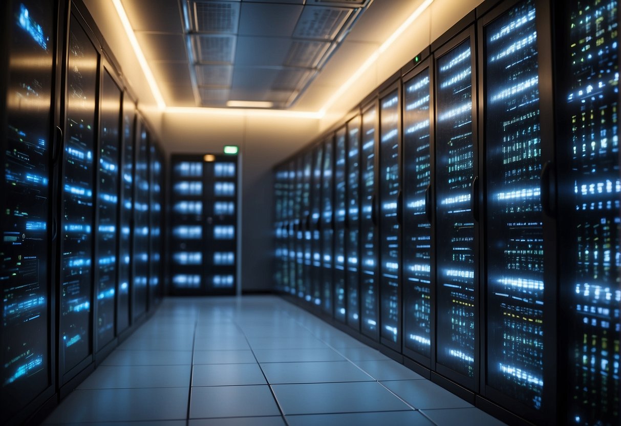 A server room with data servers arranged in rows, each labeled with keywords like "data lifecycle management," "data erasure," and "data security."