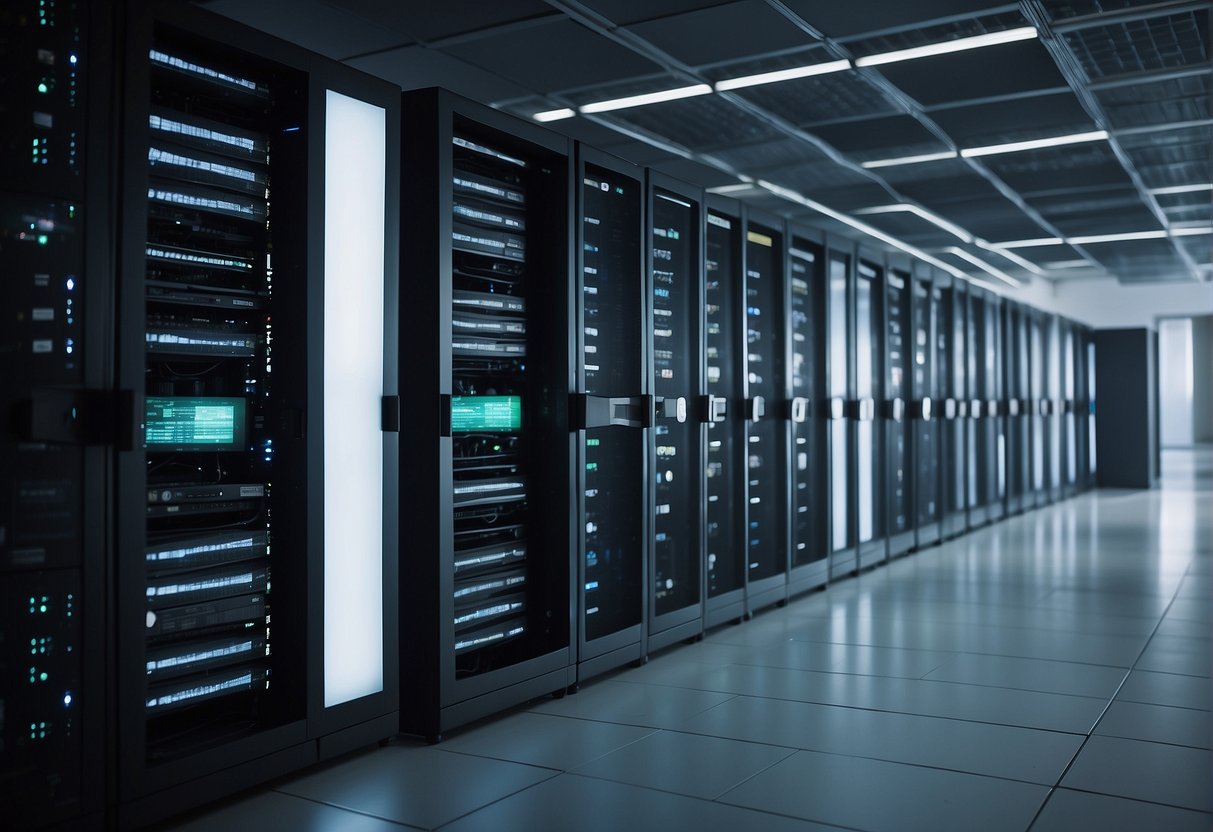 A server room with data servers being wiped clean, surrounded by security measures