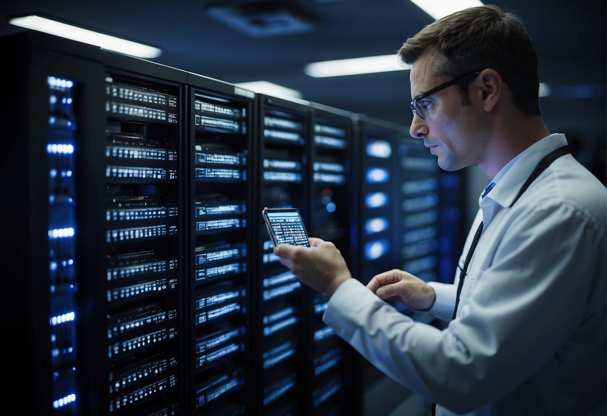 A server room with rows of neatly organized racks containing servers and data storage devices. A technician is using a data erasure tool on a hard drive