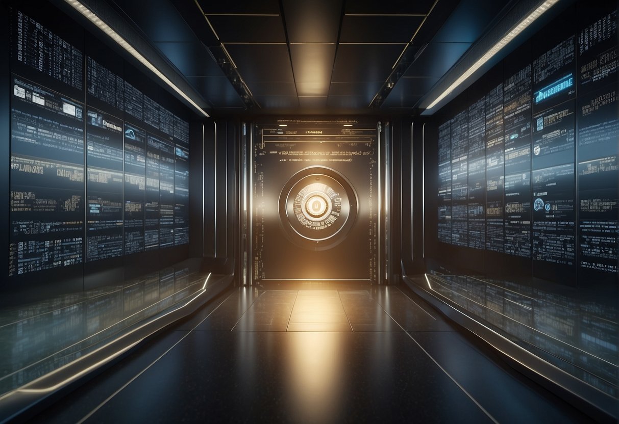 A secure vault with data lifecycle management, data erasure, and data security keywords displayed on a digital screen