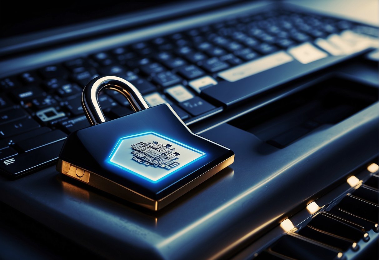 An electronic device being wiped clean with a data erasure tool, surrounded by digital security symbols and a locked padlock