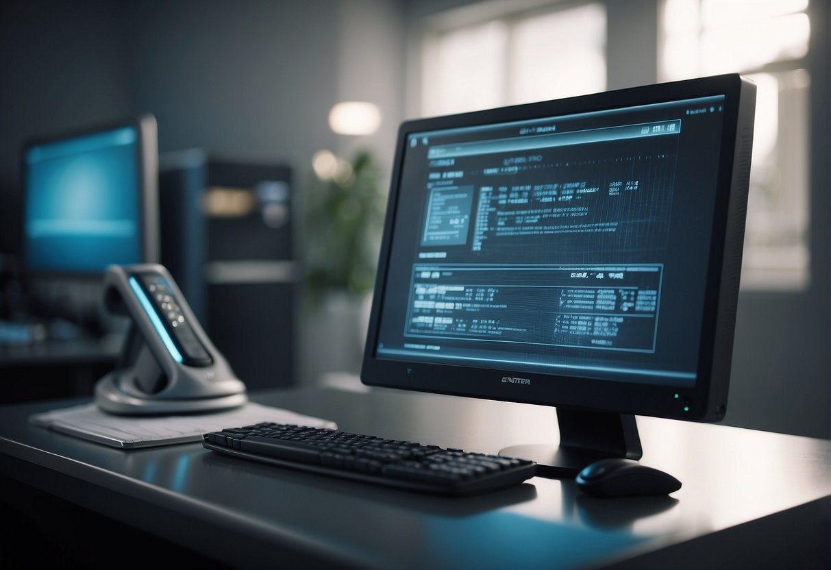 A computer monitor displaying sensitive data being wiped clean with a data erasure tool, while a locked file cabinet stands in the background