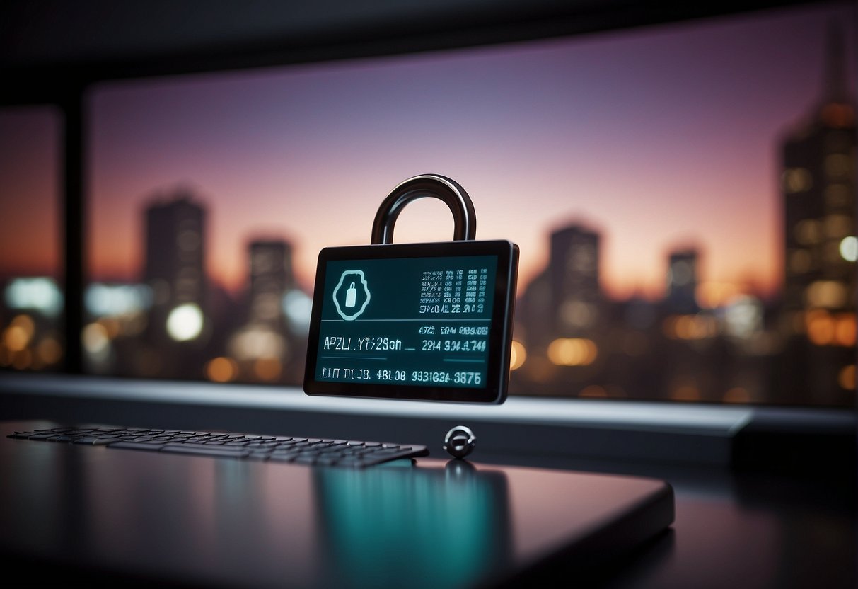A computer screen displaying a secure data erasure process, with a lock symbol and a progress bar indicating the elimination of sensitive information