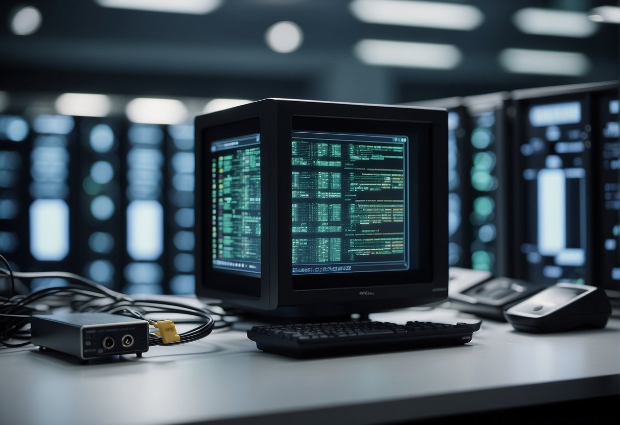 A secure data erasure process being carried out on electronic devices in a controlled environment, with a focus on preventing insider threats