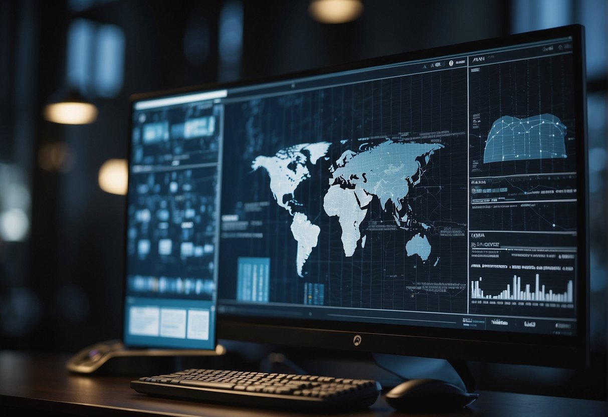 A computer screen displays data erasure software detecting anomalies in a network, while a behavioral analysis chart shows patterns of insider threats