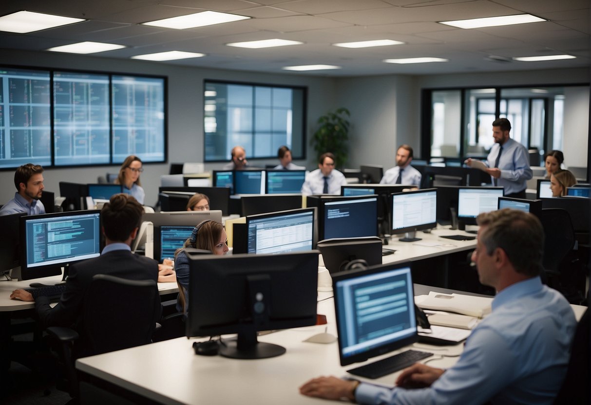 An office setting with a group of employees engaged in a training session on data erasure. Posters and visual aids promote a culture of security and emphasize the importance of preventing insider threats