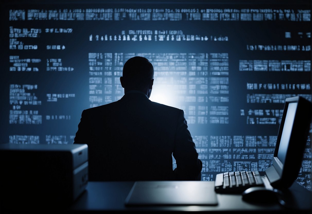 A shadowy figure hovers over a computer terminal, pressing the delete key as data erasure progresses, representing an insider threat and internal security breach