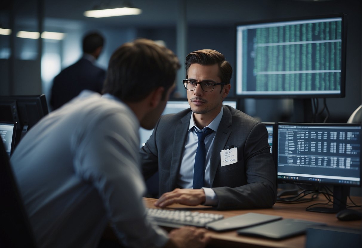 An employee at a computer desk erasing sensitive data with a confident expression, while security measures remain unnoticed in the background