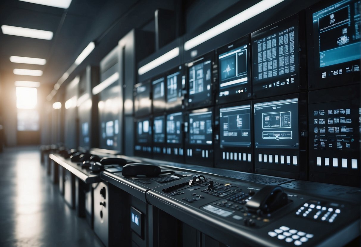 A secure facility with locked doors, surveillance cameras, and data erasure stations. Internal security protocols are prominently displayed