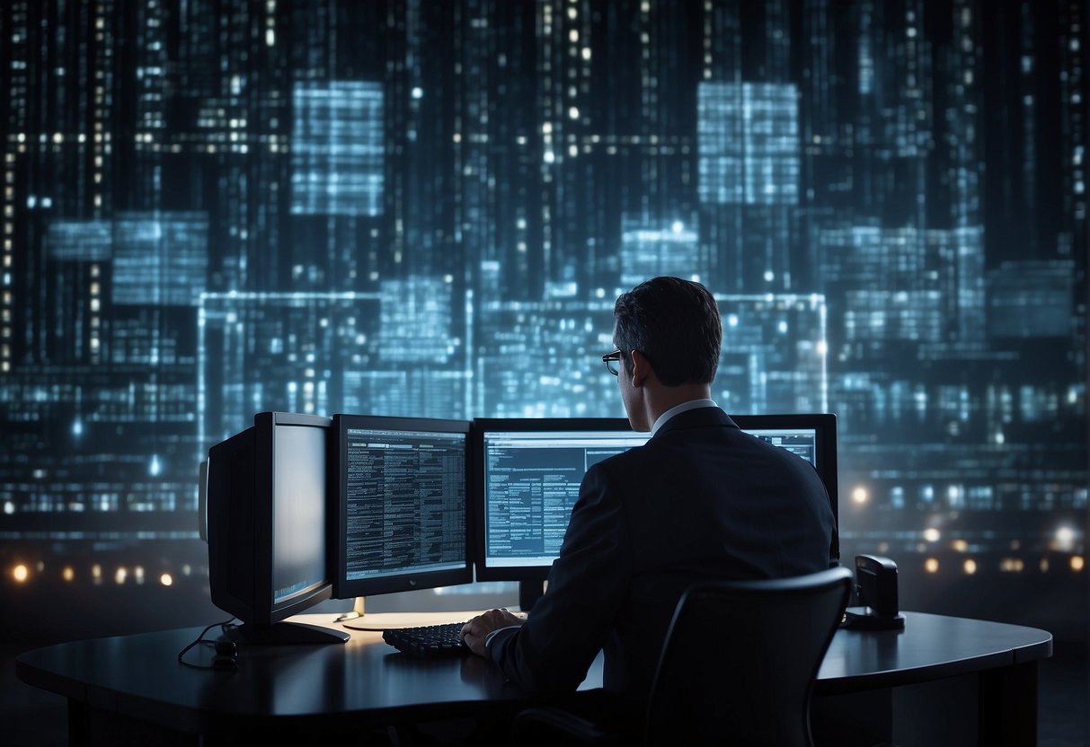 A figure erasing data from a computer, while another figure monitors for insider threats
