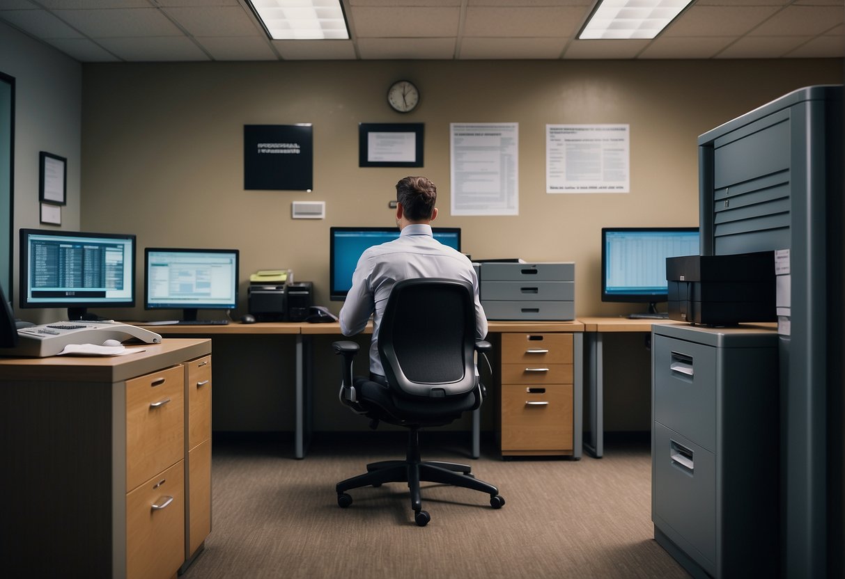 An office with locked file cabinets, a shredder, and security cameras. An employee erasing data from a computer while a security guard monitors the area