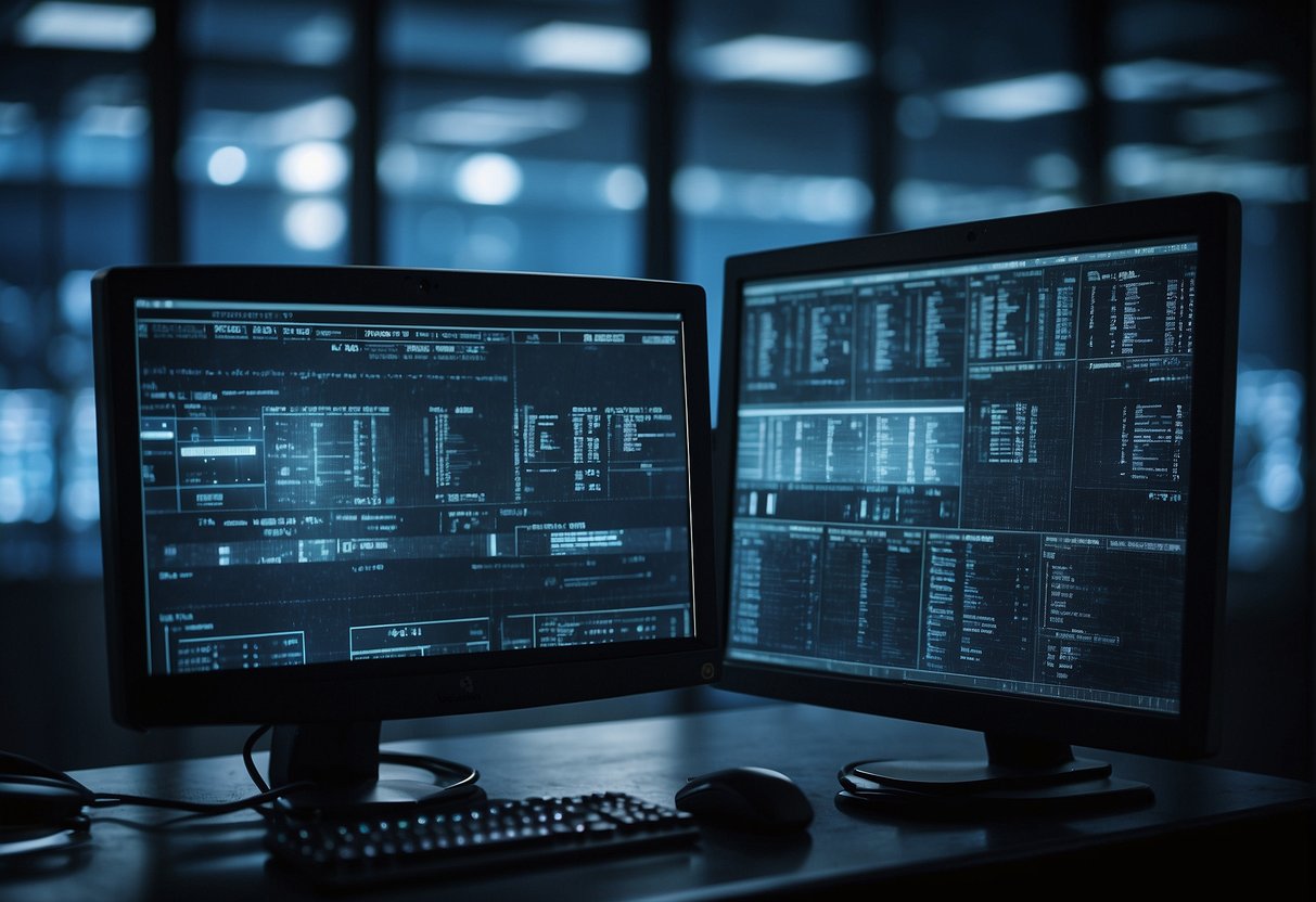 A computer screen displays data erasure software, while a locked door and security cameras symbolize internal security against insider threats