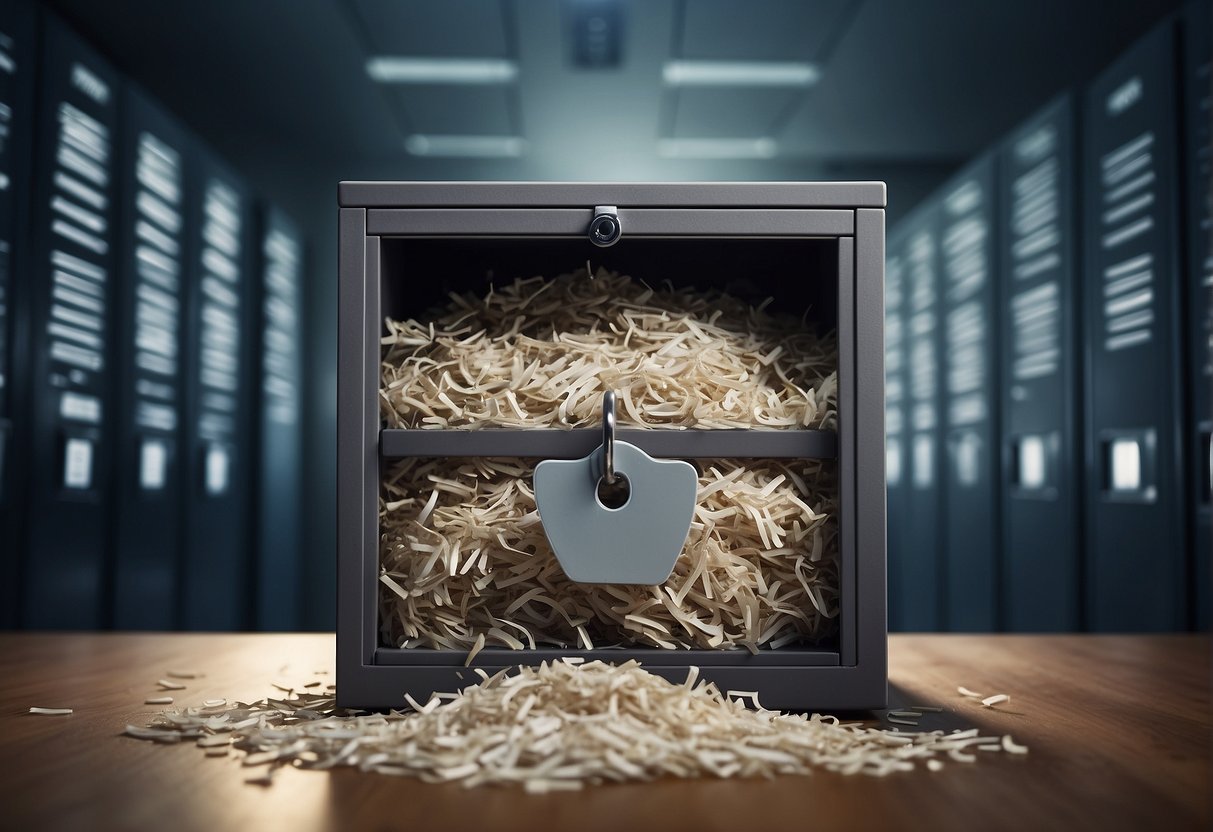 A locked filing cabinet with a shredded document spilling out, a computer screen displaying a data erasure process, and a security guard monitoring the area