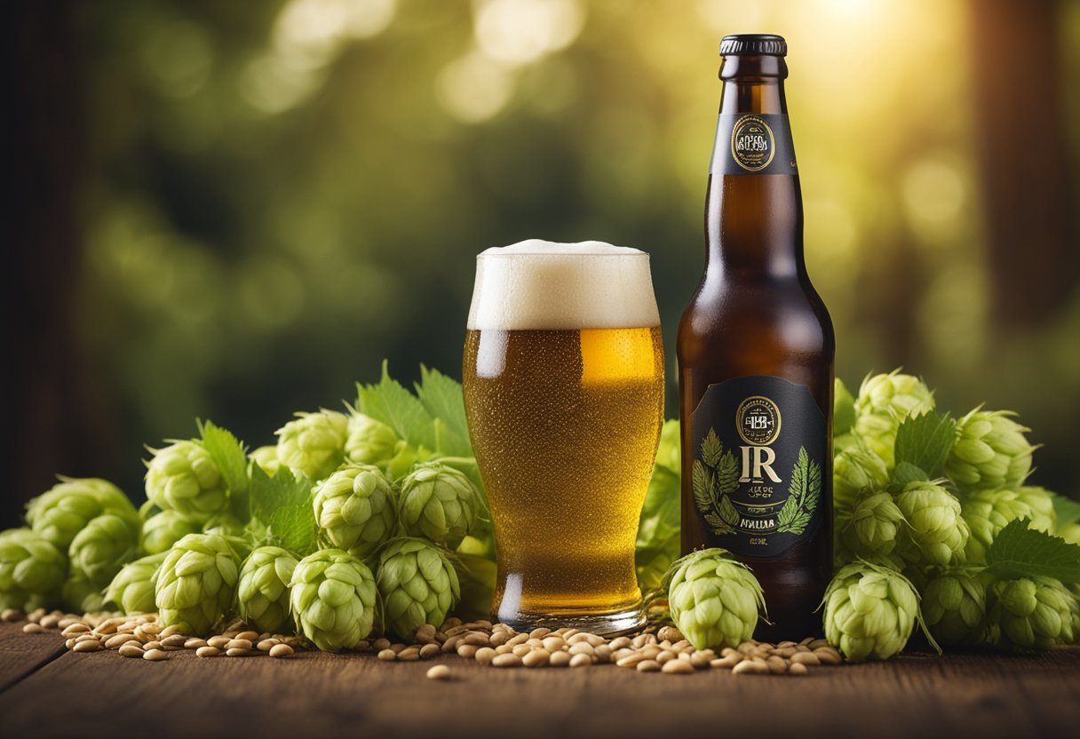 A beer bottle surrounded by hops, barley, and a price tag