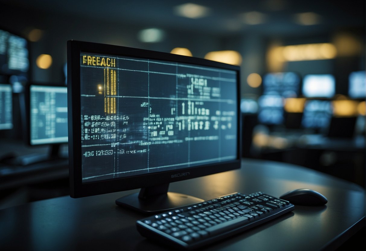 A computer monitor displays a warning message of data erasure caused by an insider threat. Security personnel rush to contain the breach