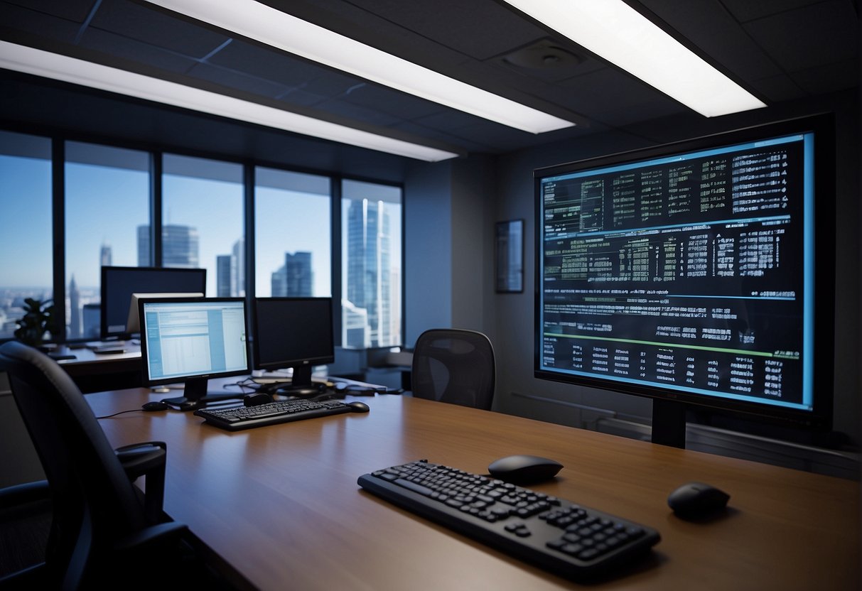 An office with a computer screen displaying "Data Erasure in Progress" while a shadowy figure hovers nearby, representing insider threats to internal security