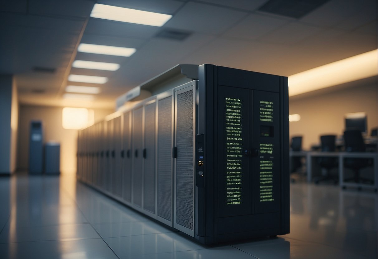 Keywords float above a secure server room. A digital eraser hovers, erasing data. Guards patrol for insider threats