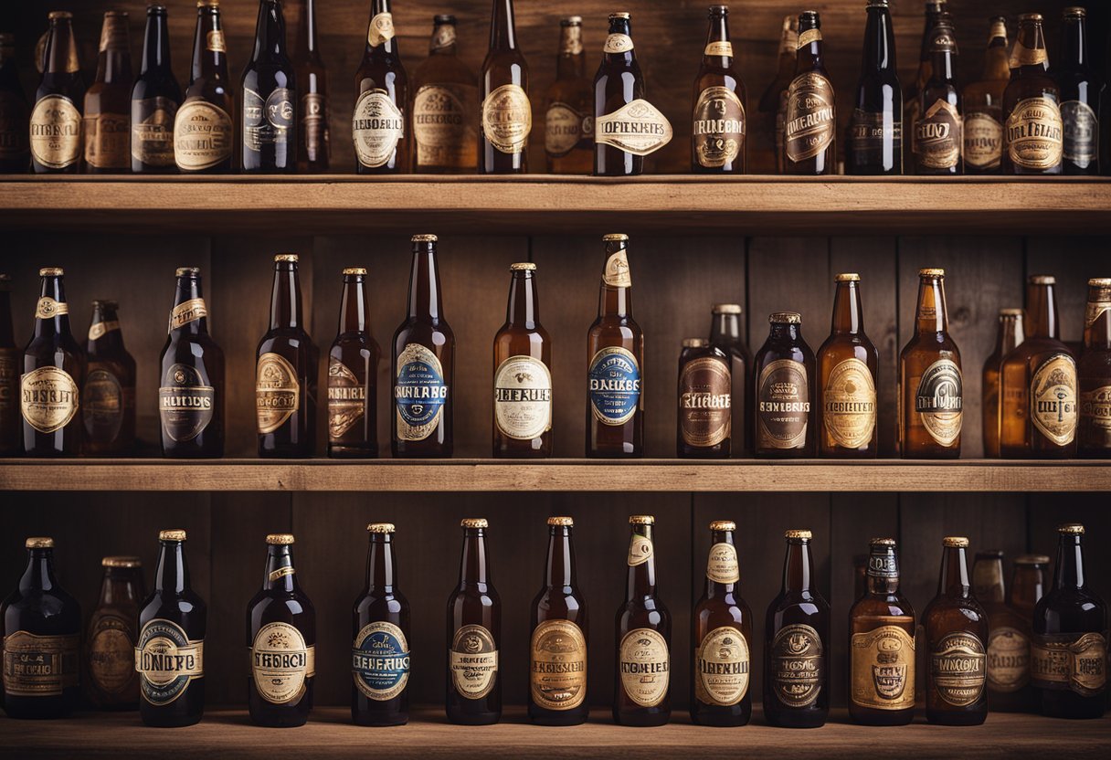 A row of beer bottles, varying in size and shape, lined up on a wooden shelf with vintage labels and caps