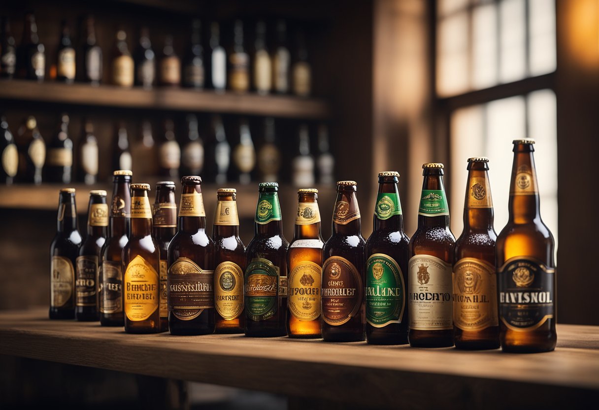 Various beer bottles lined up on a wooden shelf, each with distinct shapes and labels. Light reflects off the glass, showcasing the variety of colors and sizes