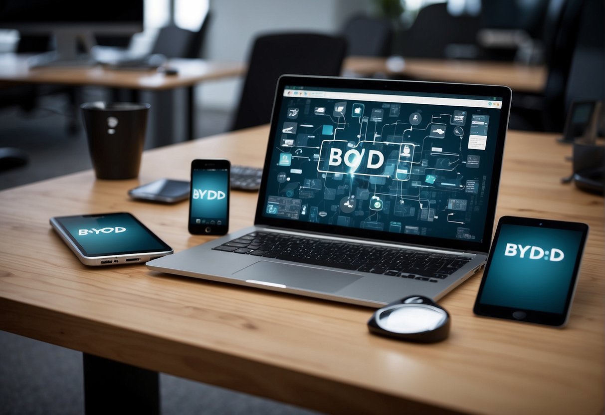 An office setting with various electronic devices (laptops, smartphones, tablets) connected to a central server. A document labeled "BYOD Policies" is being securely erased from a device