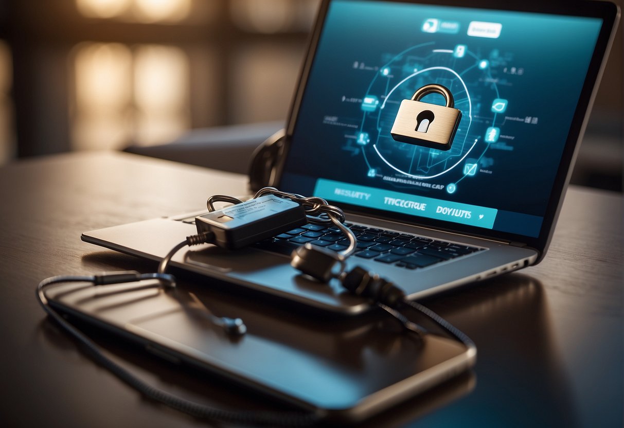 A smartphone and a laptop are shown connected to a secure network, while a padlock symbolizes data erasure. A warning sign indicates potential security risks