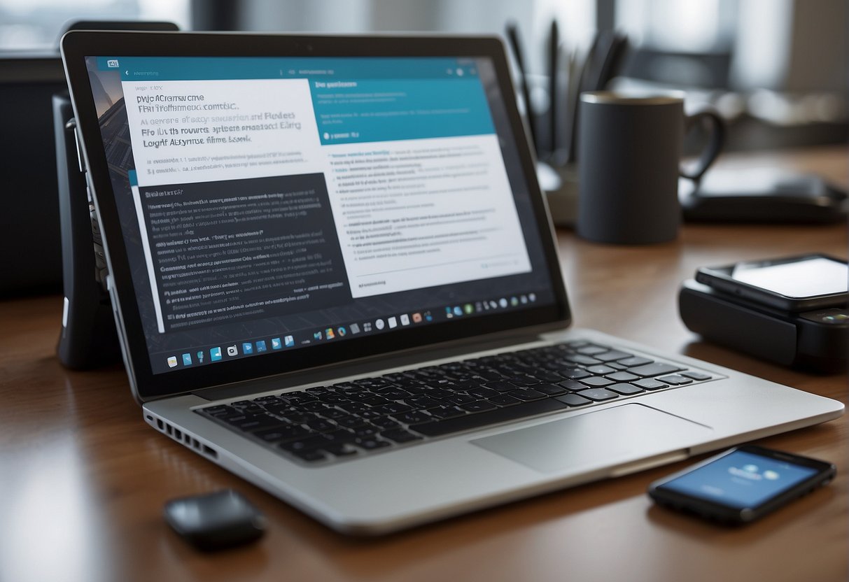 A desk with a laptop, tablet, and smartphone, alongside a document titled "BYOD Policy." A shredder and a lock symbolize data erasure