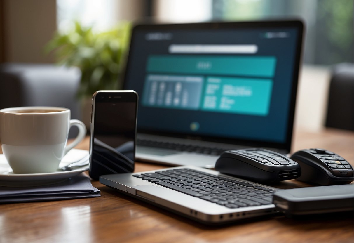 A table with a smartphone, laptop, and tablet. A document titled "BYOD Policies" and a shredder nearby