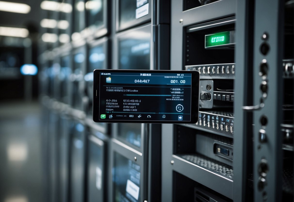 Personal devices locked in a secure cabinet, with a data erasure tool connected to a computer. Security measures visibly in place