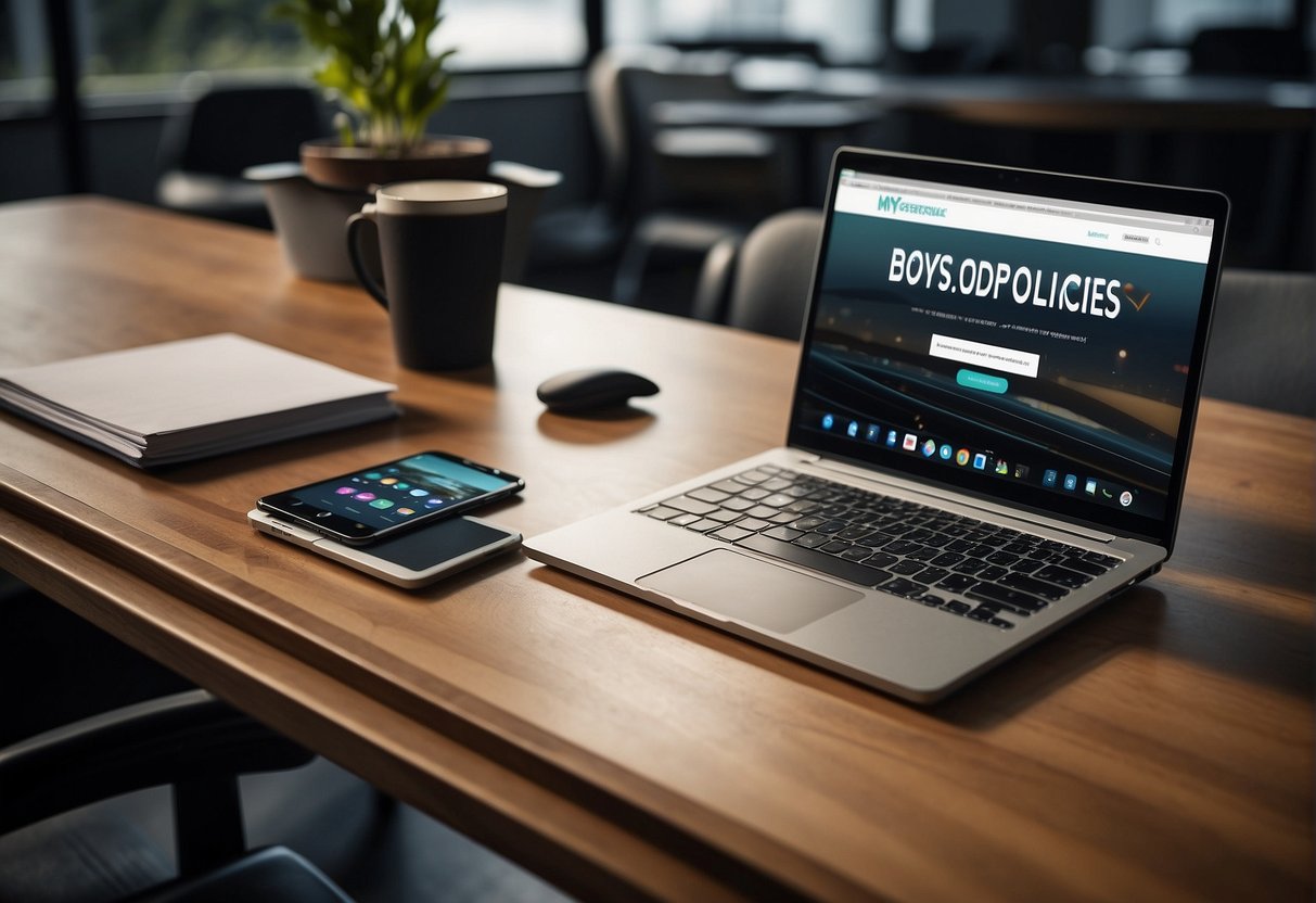 A desk with a laptop, smartphone, and tablet connected to a central server. A document titled "BYOD Policies" is open on the laptop screen