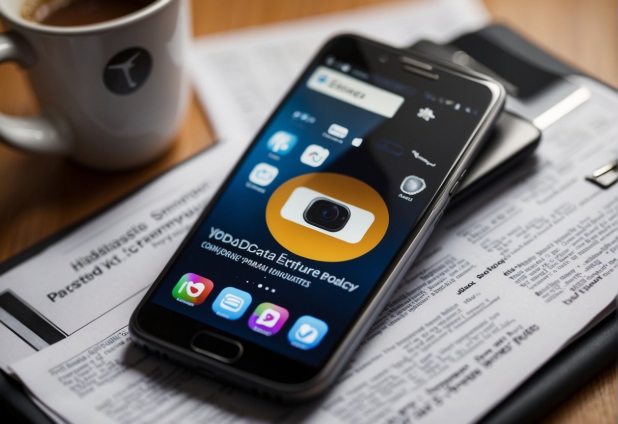 A smartphone being wiped clean with a cloth, surrounded by various electronic devices and a document titled "BYOD Data Erasure Policy."
