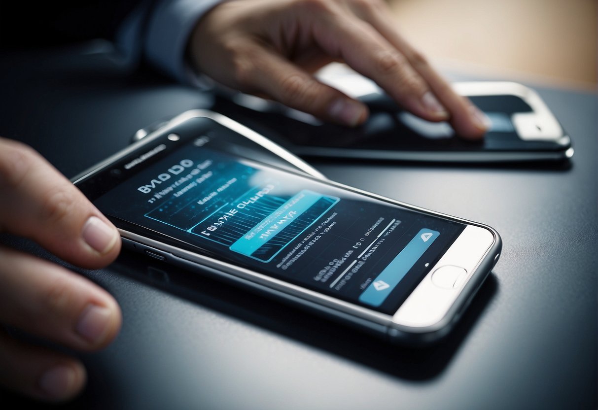 A mobile device being wiped clean with a data erasure tool, surrounded by documents outlining BYOD policies and security measures
