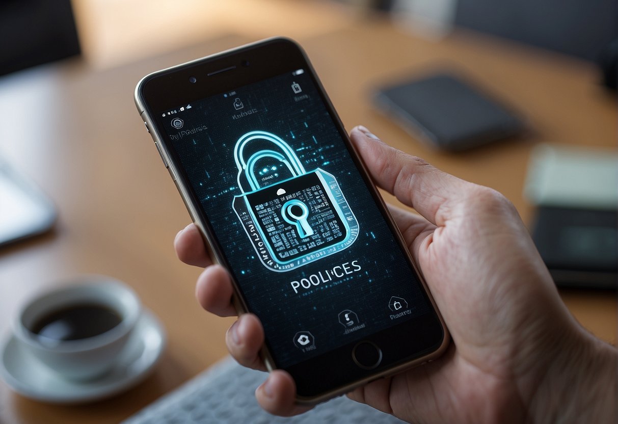 A hand holding a mobile device with a lock symbol, surrounded by keywords like BYOD policies, data erasure, and mobile device security