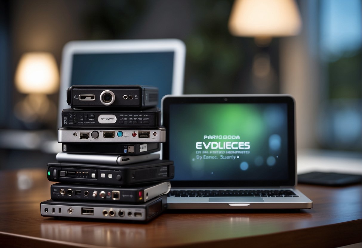 A stack of electronic devices with keywords BYOD policies, data erasure, and mobile device security displayed prominently