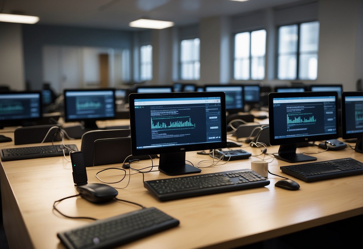 A classroom filled with computers and tablets being wiped clean of data, with a secure erasure process being carried out to protect student information