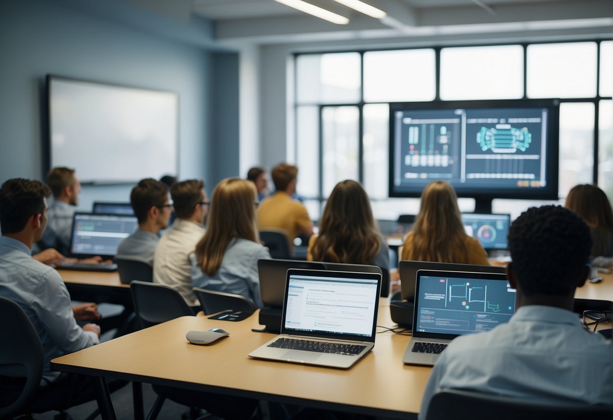 A classroom with students using laptops and tablets. A teacher demonstrating data erasure software on a smart board. Servers and data storage systems in the background