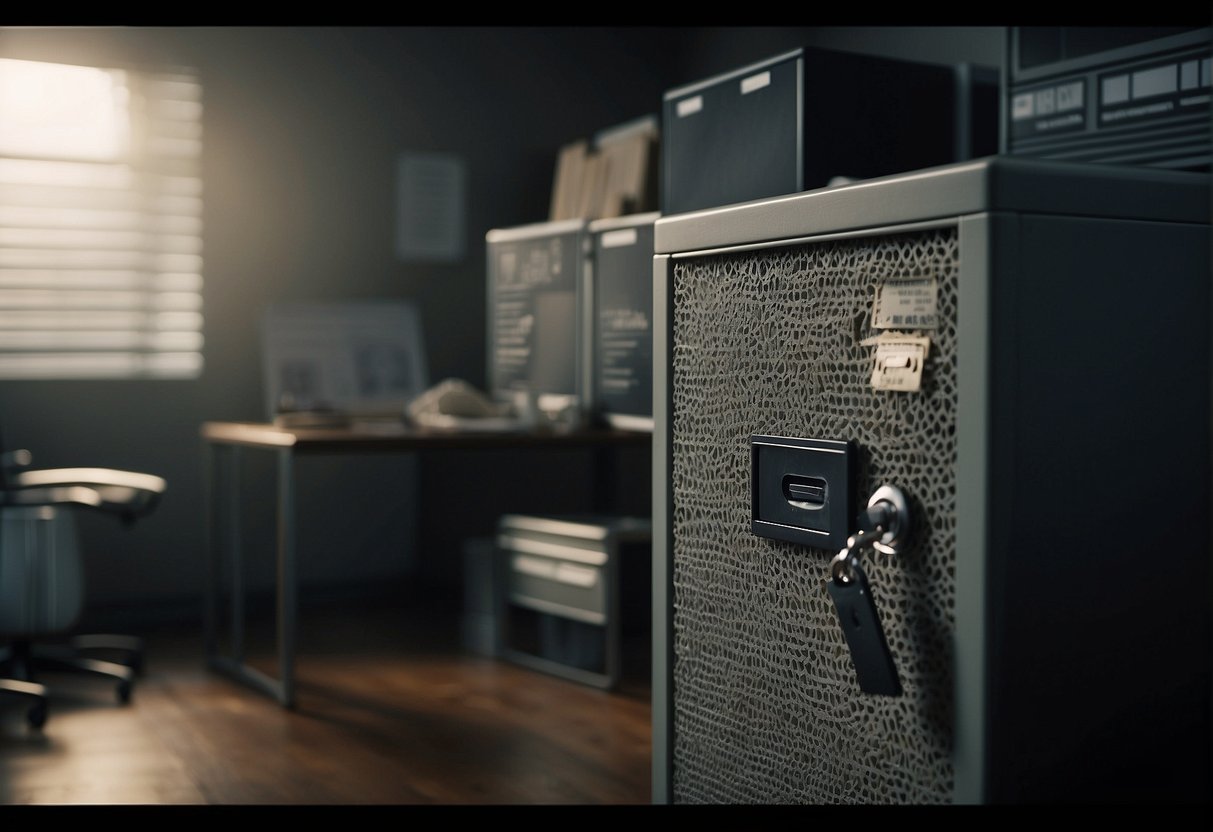 A padlocked filing cabinet stands against a wall in a dimly lit office, a computer monitor displaying a security alert. A paper shredder hums in the corner, surrounded by shredded documents