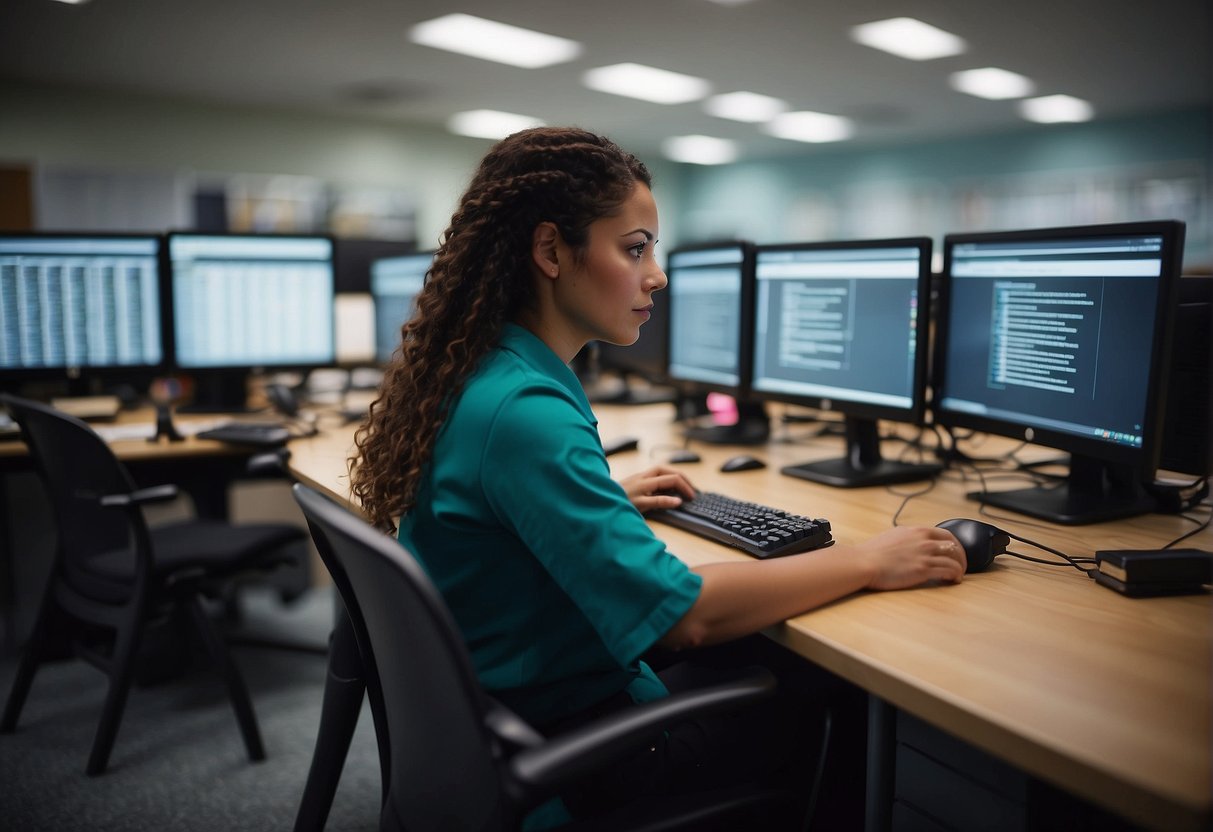 A classroom setting with a teacher at a computer, securely erasing student data with a digital data erasure tool. Folders and files are being permanently deleted to protect student privacy