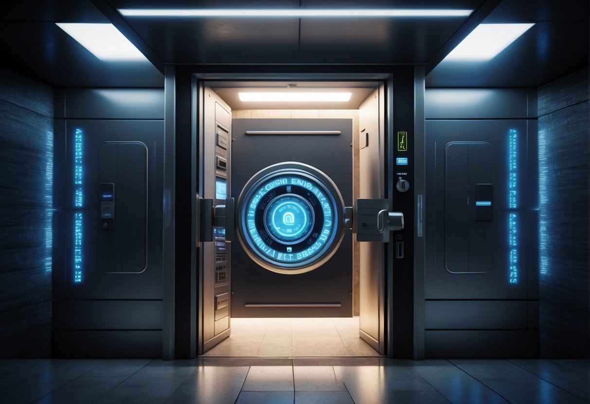 A secure vault door with a digital lock and a glowing "Data Erasure" sign, surrounded by a shield symbol, in a futuristic school setting