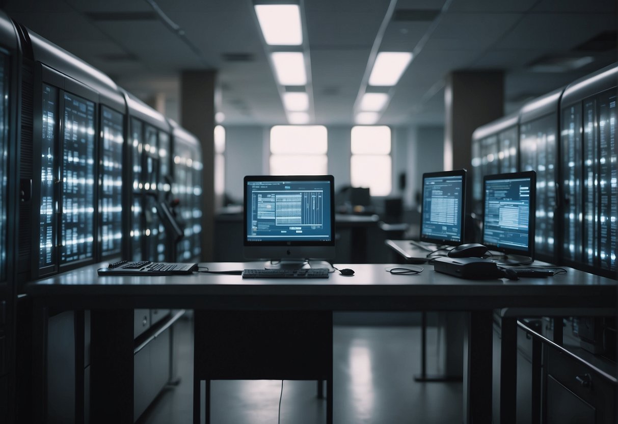 A secure data erasure process is being conducted in an educational institution, with electronic devices being wiped clean and disposed of properly to protect student information