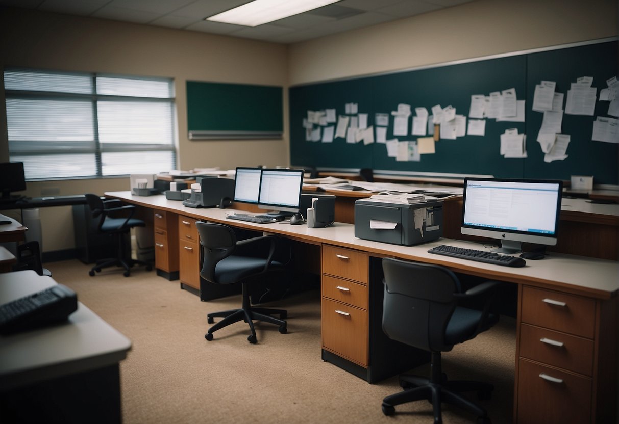A classroom with computer screens being wiped clean, a shredder destroying paper documents, and a lock on a filing cabinet