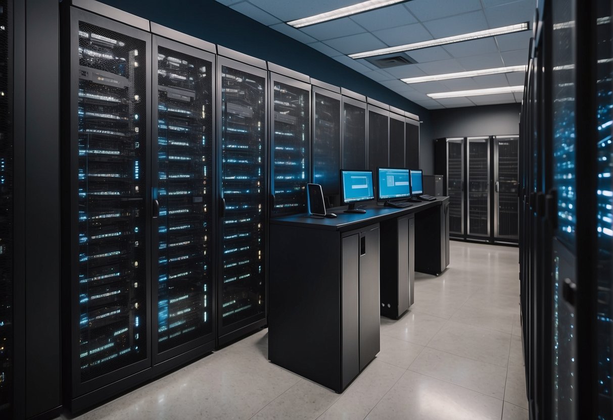 A secure data center with locked cabinets and encrypted servers, a shredder for old documents, and a firewall protecting student information