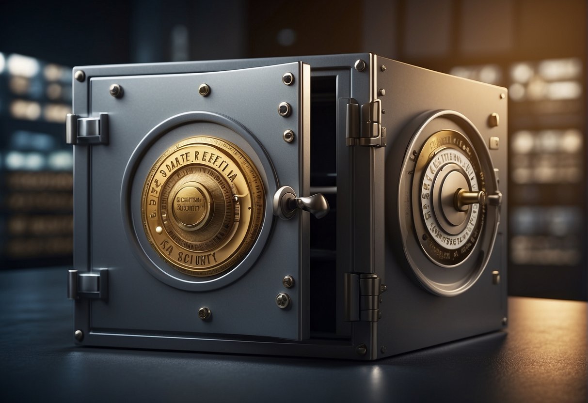 A secure vault with "Education Data Security" and "Data Erasure" signs, protecting "Student Information" with legal documents and compliance keywords