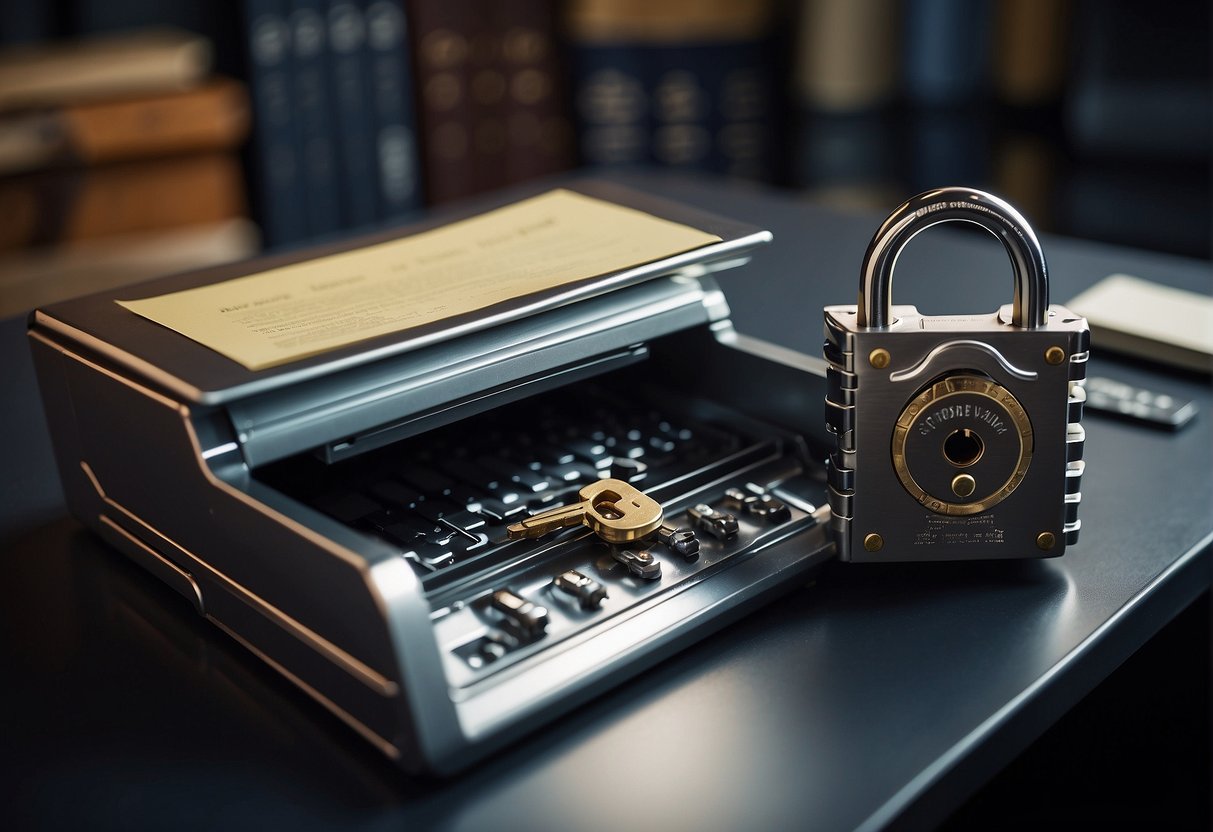 A secure vault with a lock and key, surrounded by a shield symbolizing protection. A shredder machine erasing data papers. A book with a padlock representing student information security