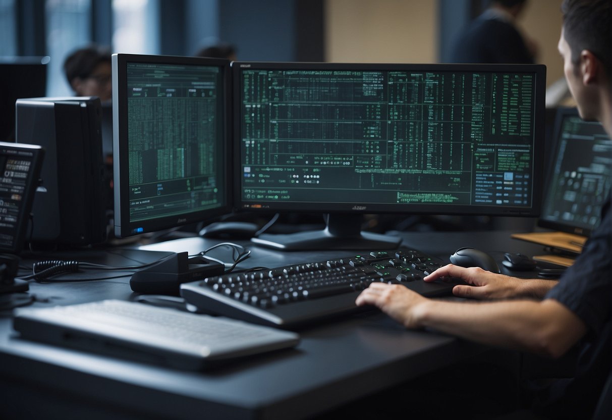 A computer system erasing student data, surrounded by security measures