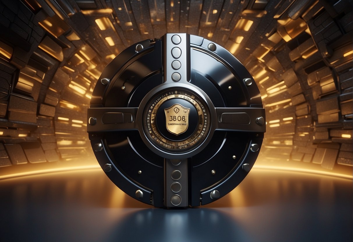 A secure vault with a shield emblem, surrounded by a digital lock and a firewall, guarding against data breaches and identity theft