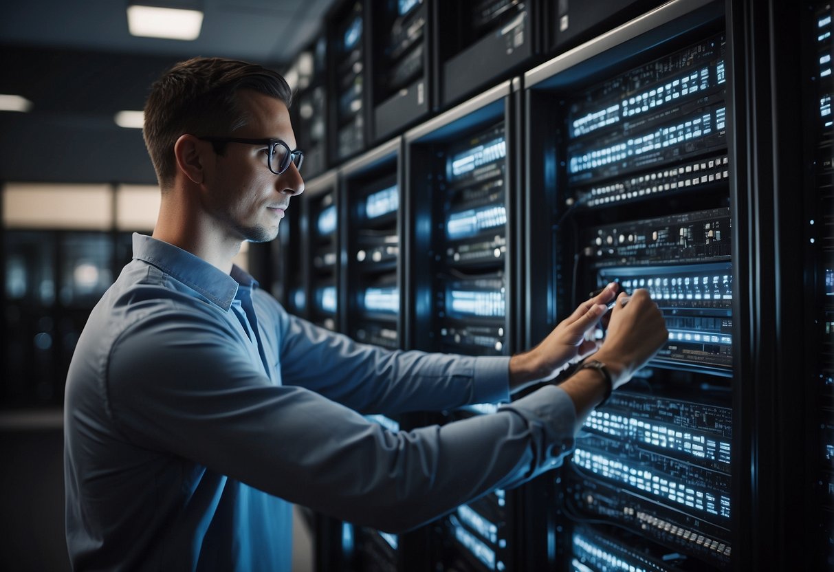 A computer technician erases student data from a secure server, ensuring education data security
