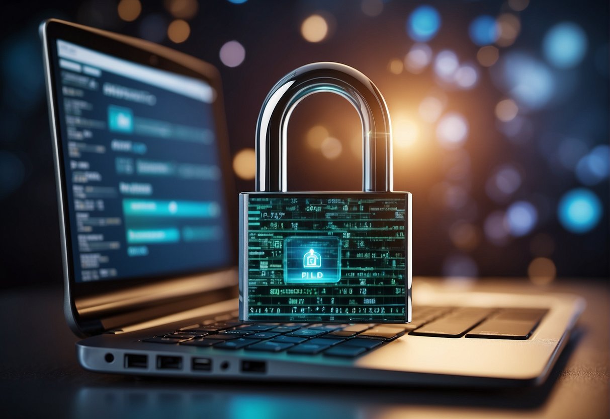 A computer screen displays a lock icon over a database, symbolizing secure student data usage. A shredder icon indicates data erasure, emphasizing protection and trust